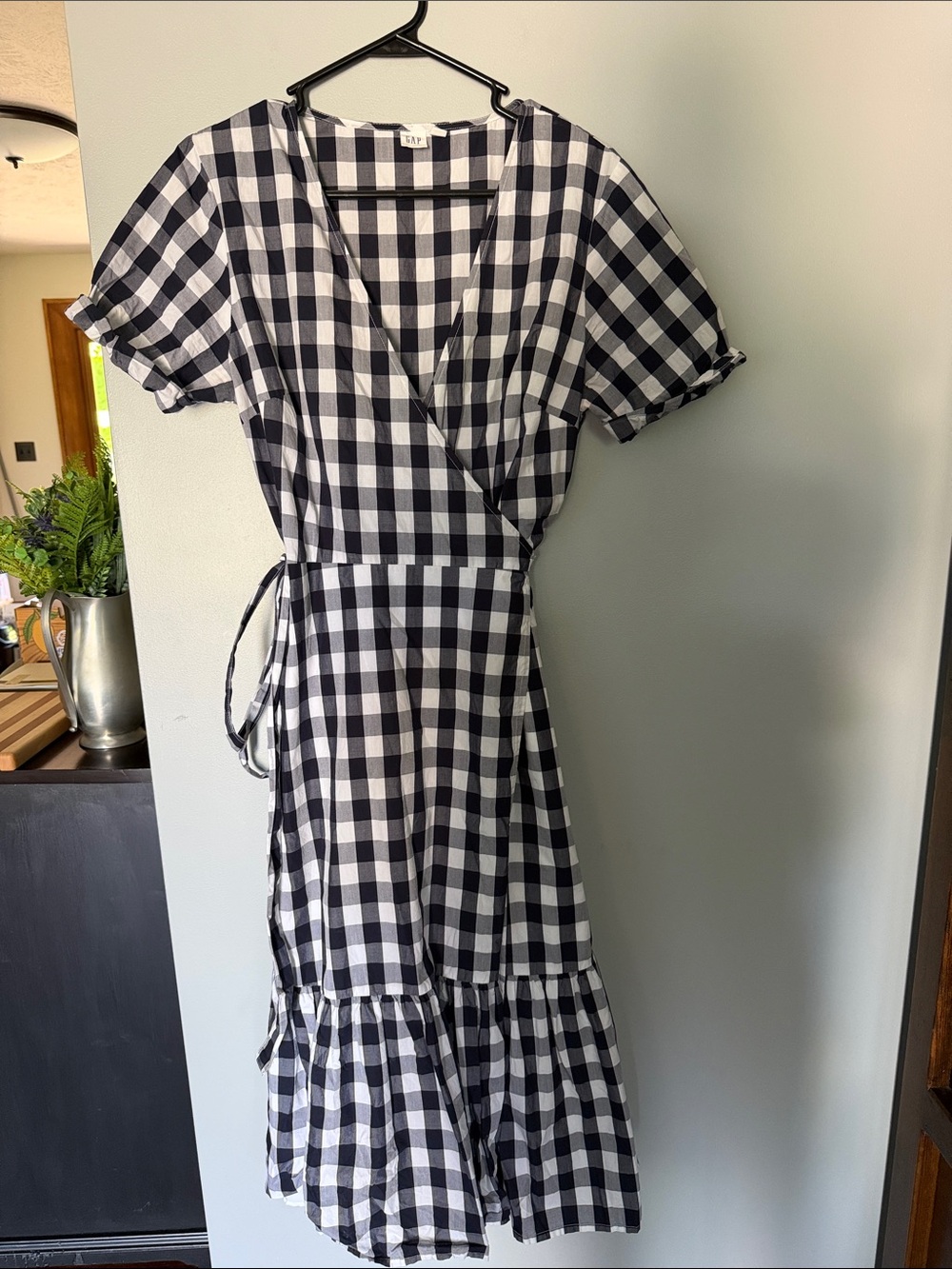 GAP Navy & White Gingham Wrap Midi Dress with Ruffle Hem